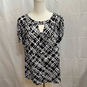 Per Seption Concept Black‎ White Print Blouse Grommet Neck Keyhole Top Size L